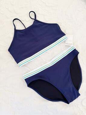 Zella Navy Two-Piece Bikini Set with Stripe Trim Size 16
